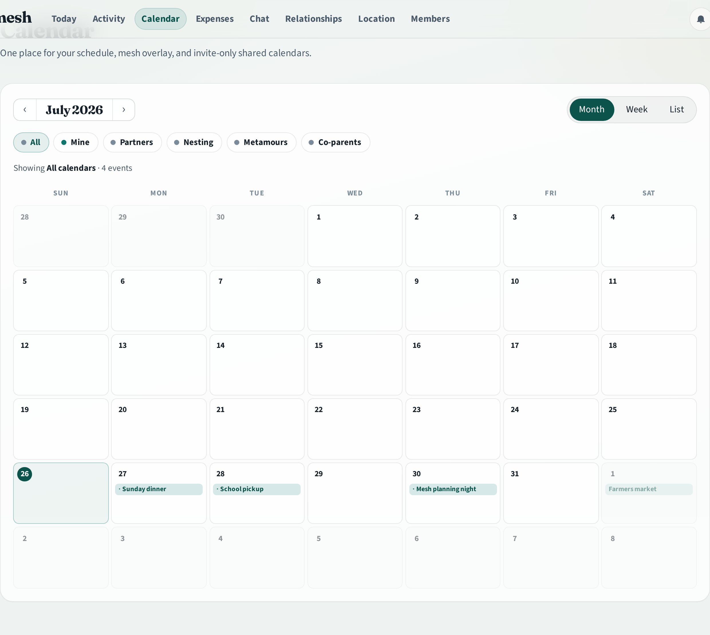 Polymesh calendar month view with shared household events