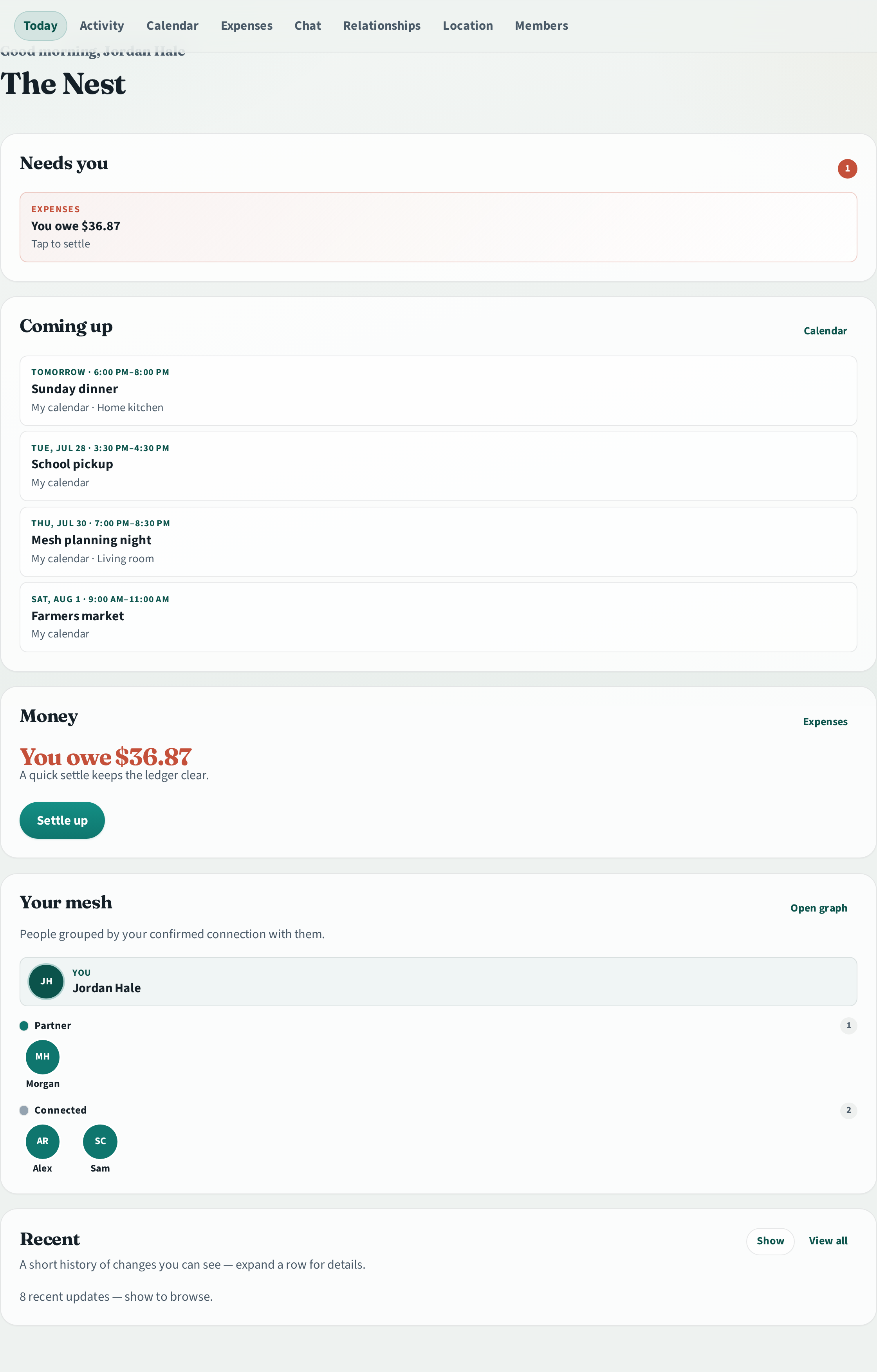 Polymesh Today home with upcoming plans, money pulse, and mesh snapshot
